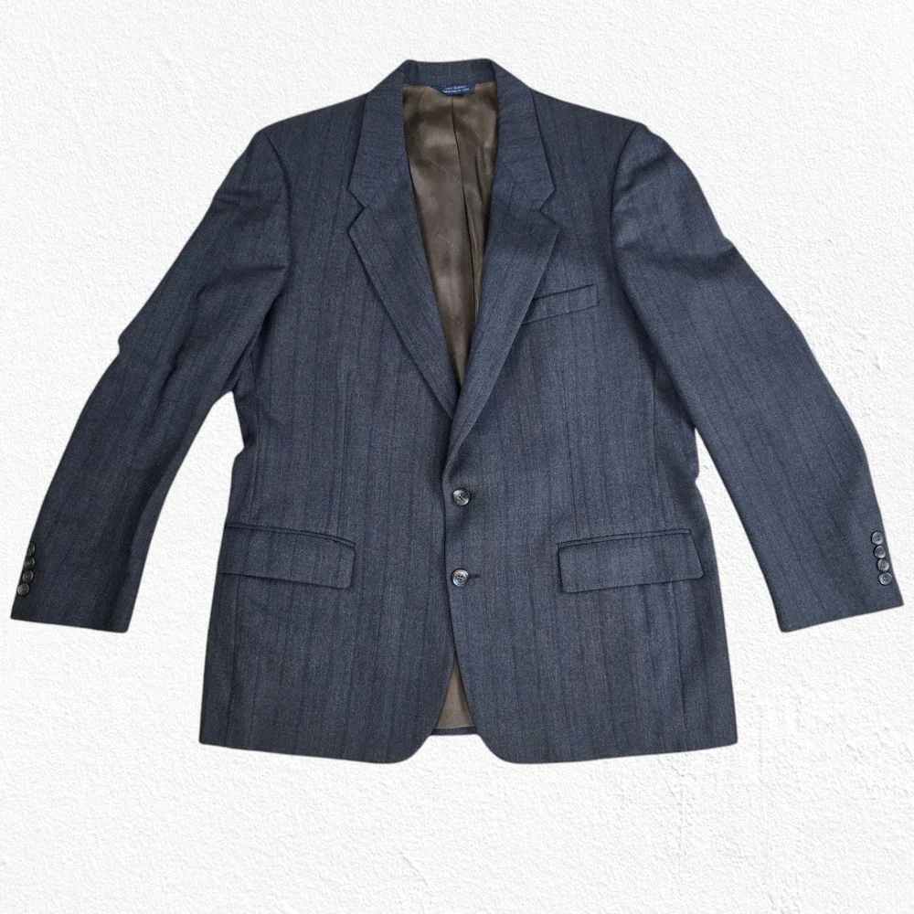 Vintage 80s Geoffrey Beene Gray Wool Pinstripe Suit USA Made Blazer Set Size 40R